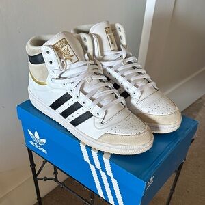Adidas White and Black High-Tops with Gold Detail